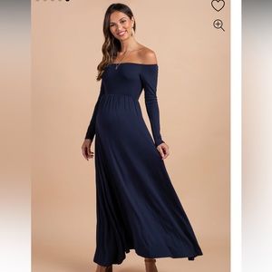 PinkBlush Petite Navy Blue Solid Off Shoulder Maternity Maxi Dress Photographs